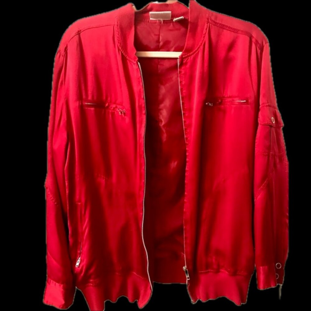 Red 100% Silk 80's Style Bomber Jacket from Chico's Design Size 1 or Medium